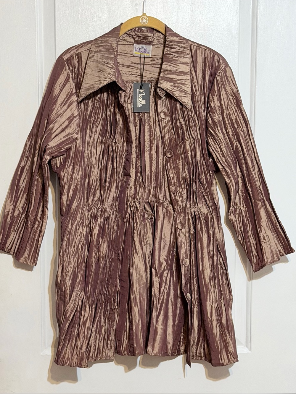 Shimmery Crinkled Button-Front Jacket in copper brown 12/14